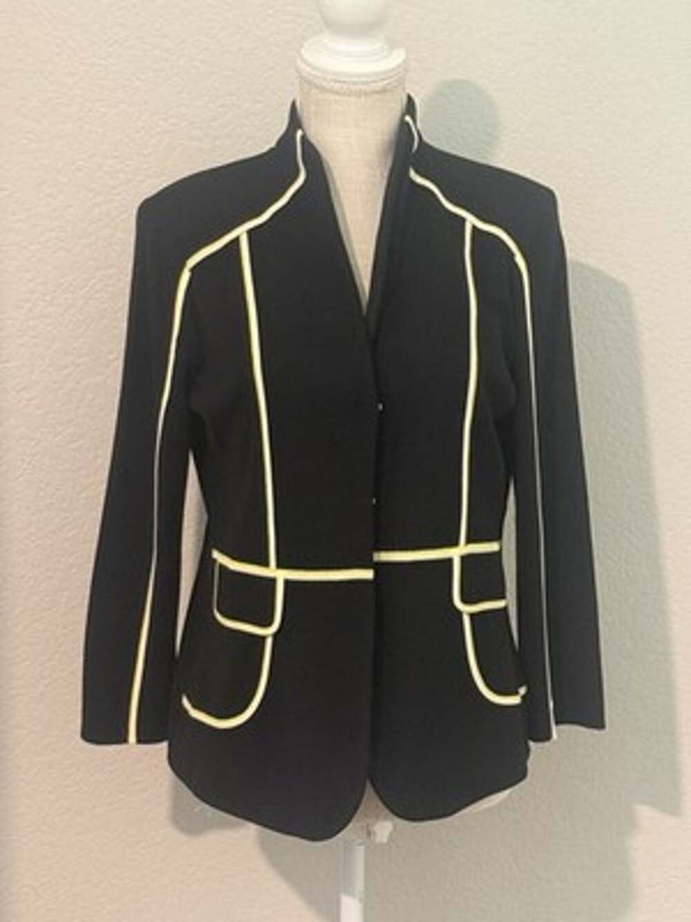 MISOOK Signature Knit Blazer Jacket Black Yellow Trim Open Front Corpcore PS